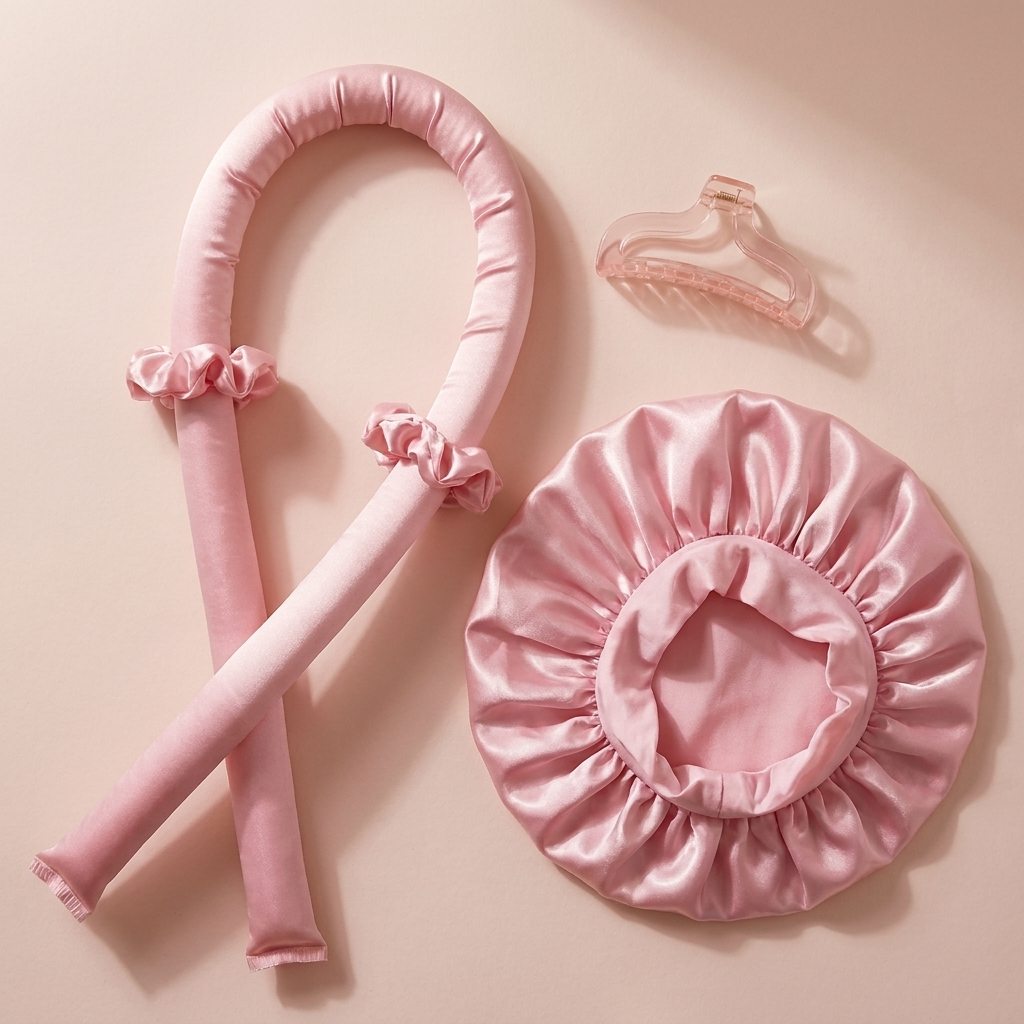Satin heatless curling kit: pink satin rod, two scrunchies, claw clip and sleep bonnet